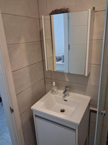 ein Badezimmer mit einem weißen Waschbecken und einem Spiegel in der Unterkunft 56, Windchimes in Pembroke