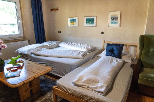 a room with three beds and a table and a chair at Naturparadies Nähe Grüner See in Oberdorf