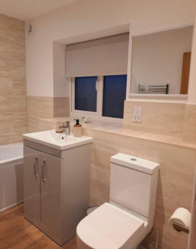 a bathroom with a toilet and a sink and a tub at Yew Tree Retreat- Sunset Suite in Newbury