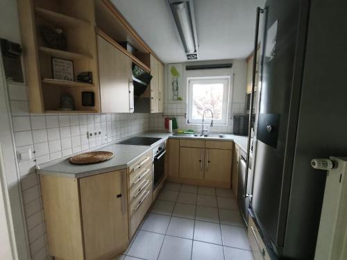 a small kitchen with a sink and a refrigerator at Harbour Apartment in Moos