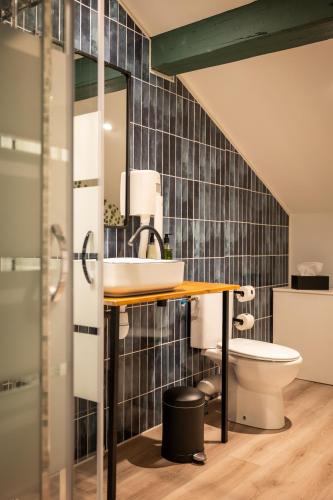 a bathroom with a sink and a toilet at Nouvel Hôtel & Appartements in Oyonnax