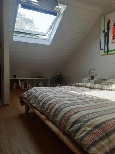 a bedroom with a large bed with a skylight at Appartement du Fournil in Bréal-sous-Montfort
