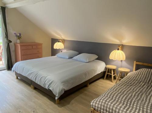 a bedroom with a bed and two tables and two lamps at Maison Joviale in La Ferté-Saint-Aubin
