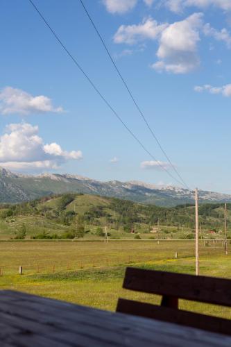 a view of a field and mountains from a bench at Mountain Home Zaborje in Plužine
