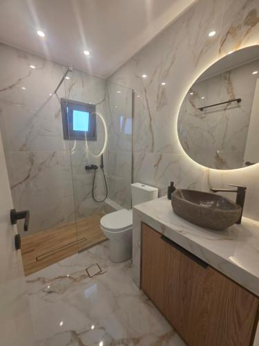 a bathroom with a sink and a toilet and a television at Le Blé Home in Mérikhas