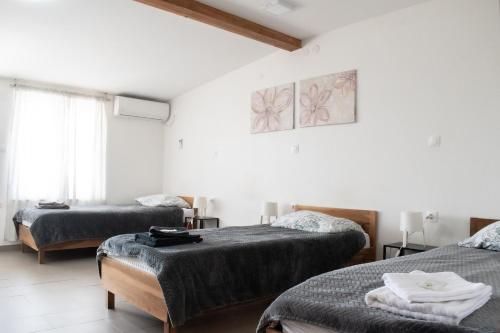 two beds in a room with white walls at Pepi Sobe in Čepin