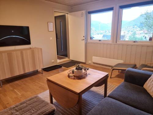 a living room with a couch and a tv at Central apartment in Tromsø