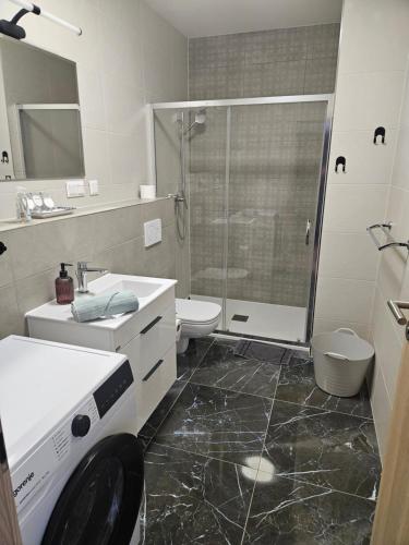 a bathroom with a shower and a sink and a toilet at Apartmán KVETINKA v centre Žiliny s KAVIARŇOU in Žilina