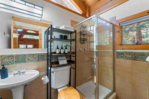 a bathroom with a shower and a toilet and a sink at 2 Riverfront Cabins, 200 Acres Near Plumas Forest in Sloat