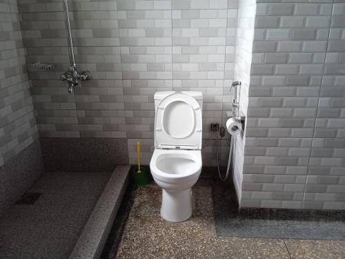 a bathroom with a white toilet in a stall at Moshi Green Lodge in Moshi