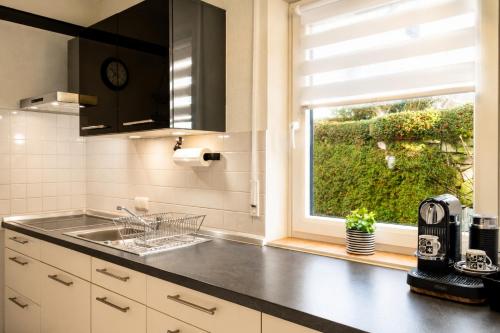 a kitchen with a sink and a window at Ferienwohnung Zum Sperberring - Parkplatz - Wallbox - WLAN - Netflix&Disney - sehr ruhig - perfekt zum entspannen & erholen in Ilmenau
