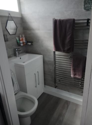 a small bathroom with a toilet and a sink at The Marylyn in Mablethorpe