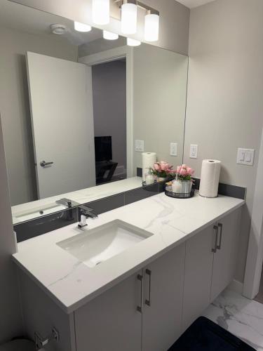 a bathroom with a sink and a large mirror at A place to call a home in YYC