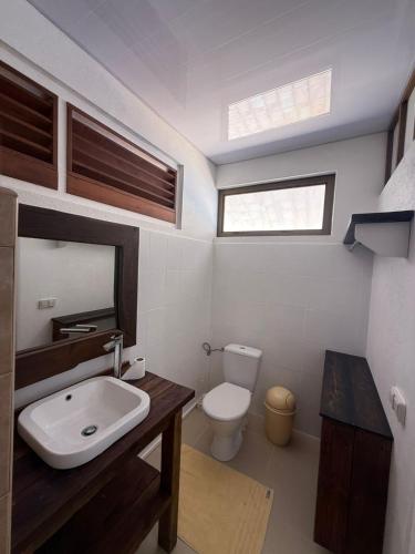 a bathroom with a sink and a toilet at Aremiti - Fare Orotia in Taputapuapea