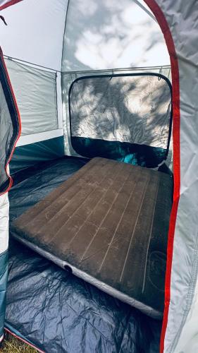 an open door of a tent with a bed inside at Namioty w lesie in Ściegny