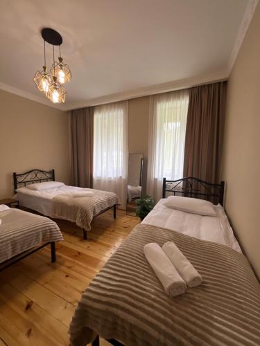 a bedroom with two beds and a chandelier at Kazbegi Vibe in Kazbegi