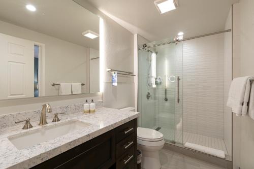 a bathroom with a sink and a toilet and a shower at Villa L'Auberge in San Diego