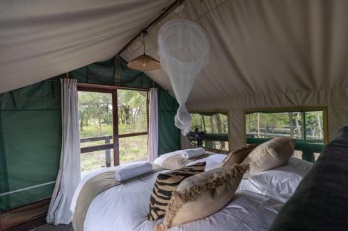 a bedroom with a bed in a tent at Ndzhaka Tented Camp in Manyeleti Game Reserve