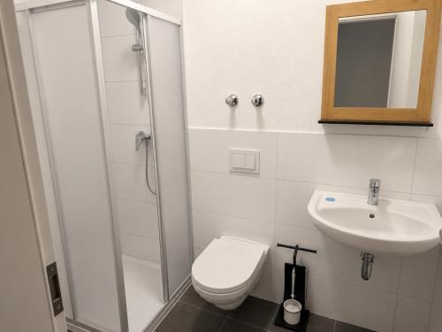 a bathroom with a shower and a toilet and a sink at Worms City Suites Löwengasse in Worms