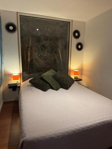 a bedroom with a bed with two pillows on it at La Roche - Studio 2 étoiles Eco Responsable avec Tv Connectée in Maury