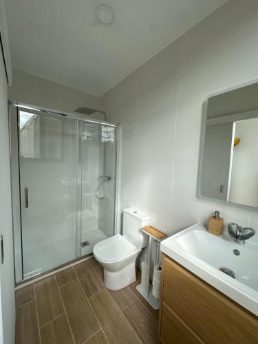 a bathroom with a shower and a toilet and a sink at Douro Surf Hostel in Vila Nova de Gaia
