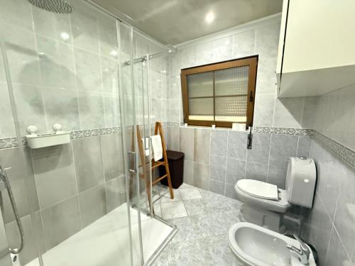 a bathroom with a toilet and a shower and a sink at Casa Terra Nova - Gerês in Terras de Bouro
