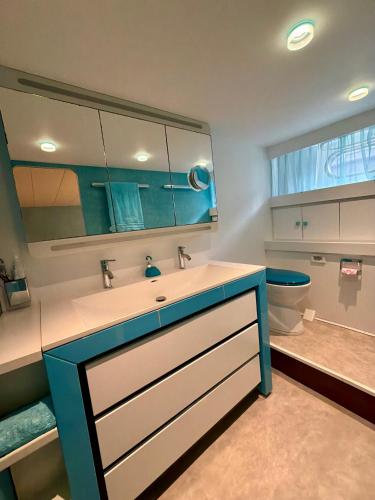 a bathroom with a sink and a mirror and a toilet at Yacht Laetitia Delta in Fréjus