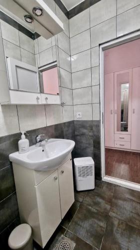 a bathroom with a sink and a toilet and a mirror at Apartments Vista Muo 2026 NEWLY RENOVATED in Kotor