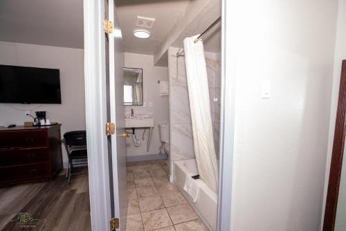 a bathroom with a shower and a sink at Indian Mound Motel in Fairmont City