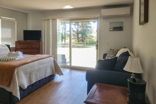 a bedroom with a bed and a couch and a sliding glass door at Large Studio with Patio and Pool in North Truro