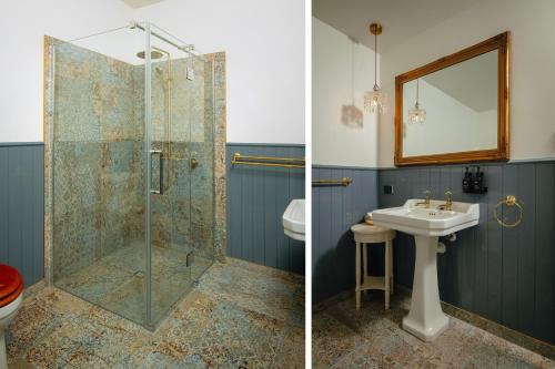 two pictures of a bathroom with a shower and a sink at The Pier Hotel in Kaikoura