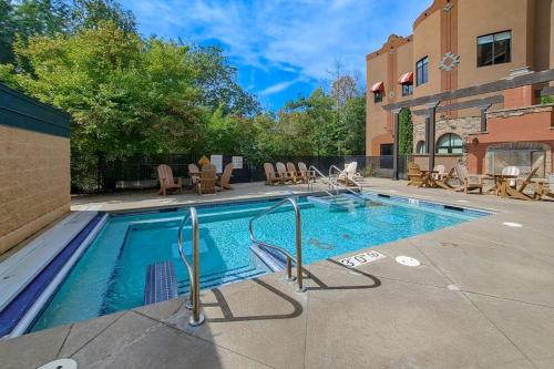 a swimming pool in front of a building at Chula Vista Resort 2224 in Wisconsin Dells