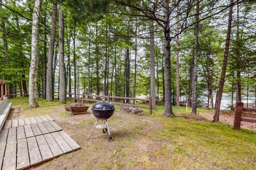 a grill in the middle of a yard with trees at Wild Bear Retreat in Saint Germain