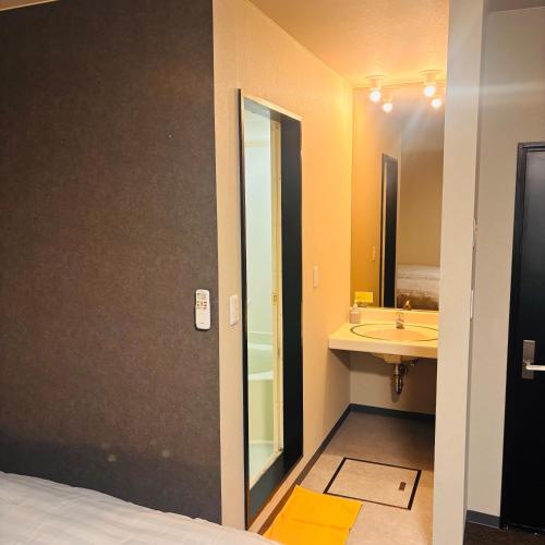 a bathroom with a sink and a mirror at ホテル　ロマン in Koshimizu-shigai