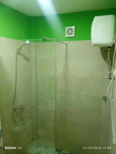 a bathroom with a glass shower with a toilet at Casa Chez Zoe in Salamansa