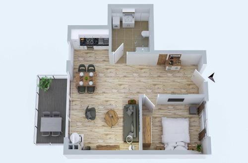a rendering of a floor plan at Apartment Frau Hummel - Urlaub am Krakower See in Krakow am See
