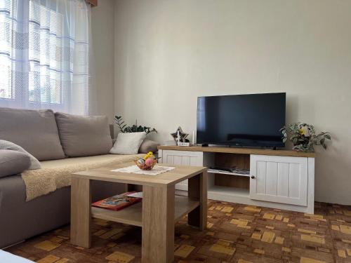 a living room with a couch and a tv at Linden House in Sklené