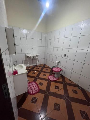 a small bathroom with a sink and a toilet at Sítio Santo Expedito in Salesópolis