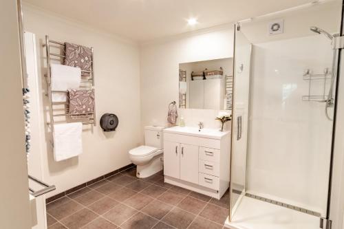 a bathroom with a toilet sink and a shower at Ovens River Retreat in Harrietville