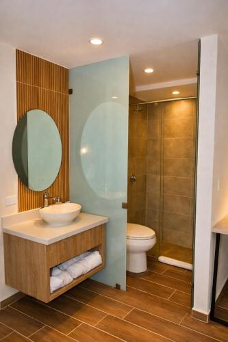 a bathroom with a sink and a toilet and a mirror at Lago Verde Elit in Paipa