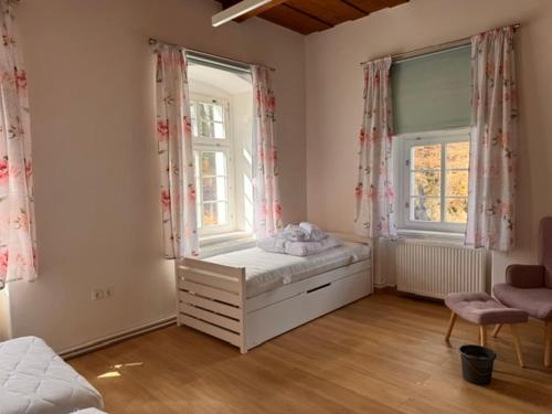 a bedroom with a bed and two windows at Srbská Kamenice 22 in Srbská Kamenice