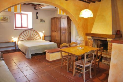 坎普碼港的住宿－Casa Rosada，一间卧室配有一张床、一张桌子和一个壁炉