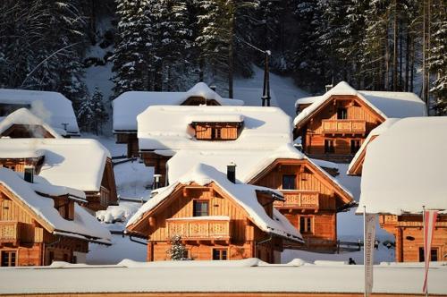 a group of wooden cabins covered in snow at Bergdorf Riesner in Donnersbachwald