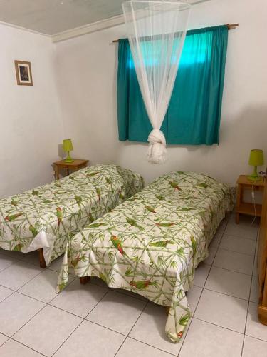 a bedroom with two beds and a window with curtains at La Palmeraie in Le Moule