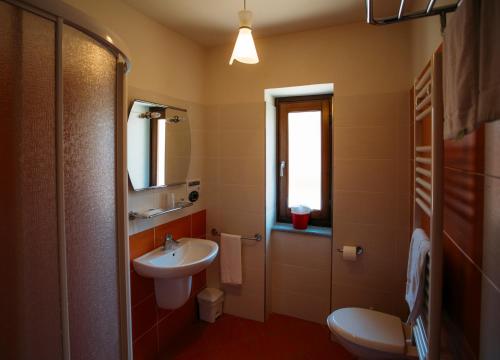 a bathroom with a sink and a toilet and a mirror at Albergo dei Pescatori in Chiusa di Pesio