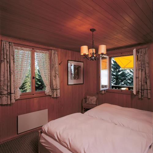 a bedroom with a bed and two windows at Rigirolle in Rigi Kaltbad