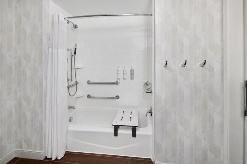 a white bathroom with a shower and a toilet at Hampton Inn & Suites Detroit/Troy in Clawson
