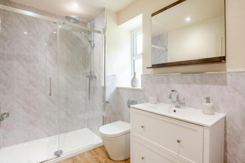 a bathroom with a shower and a toilet and a sink at 2 Bed in Carmel oc-wai210 in Llanerchymedd