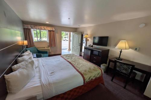a hotel room with a bed and a television at Olive Tree Inn & Suites, a Howard Johnson by Wyndham in San Luis Obispo