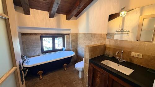 a bathroom with a tub and a toilet and a sink at Los Quejigares in Terradillos de Sedano